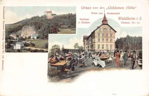 A798 Deutschland Gruss von Goldenen Höhe Hotel Restaurant Waldheim Litho Postkarte