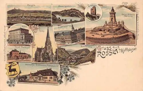 A798 Deutschland Gruss aus Rossla a Kyffhaeuser Bahnhof Blumen Litho Postkarte