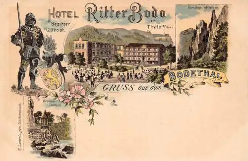 A798 Deutschland Gruss aus Bodethal Hotel RitterBoda in Thale Rüstung Litho Postkarte