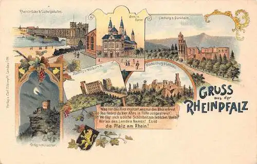 A798 Deutschland Gruss aus Rheinpfalz Mondscheinbrücke Weinberg Litho Postkarte