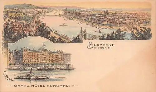 A797 Ungarn Budapest Grand Hotel Hungaria Dampfschiff Donau Blick Litho Postkarte