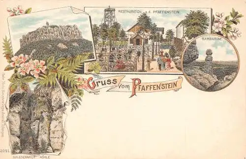 A798 Deutschland Gruss vom Pfaffenstein Restaurant Blumen Litho Postkarte