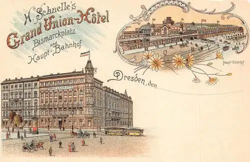 A798 Deutschland Dresden Grand Union Hotel Bahnhof Straßenbahn Blumen Litho Postkarte