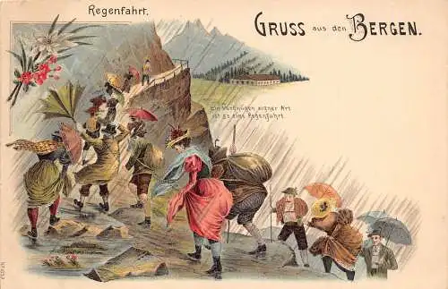 A798 Deutschland Gruss aus Bergen Bergsteiger Regensturm Edelweiß Litho Postkarte
