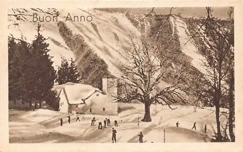 A806 Italien Neujahrsgrüße Wintersport Skifahren Vintage Postkarte