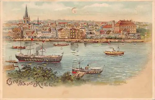 A797 Deutschland Gruss aus Kiel Dampfschiffe Mondschein Hold-to-Light Litho Postkarte