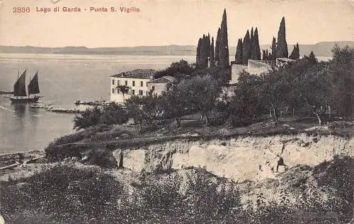 A805 Italien Lago di Garda Punta S Vigilio Segelboot Vintage Postkarte