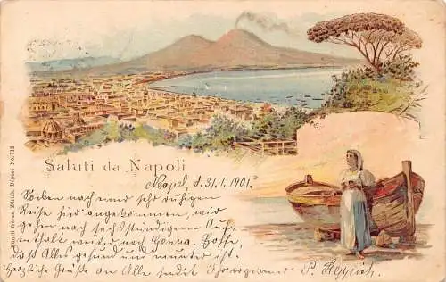 L414 Italien 1901 Saluti da Napoli Neapel Vesuv Litho Postkarte