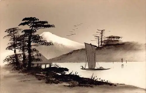 L271 Japan Silhouette Kunst Bäume Berg Fuji Insel Haus handbemalte Postkarte