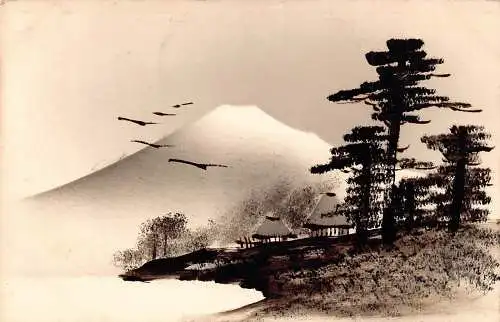 L270 Japan Kunst Silhouette Küste Berg Fuji Vögel Baum handbemalte Postkarte