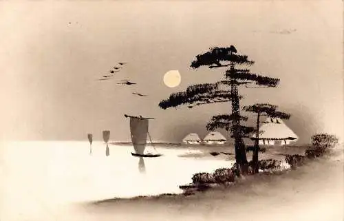 L270 Japan Silhouette handbemalt Boote Häuser Mond Baum Vögel Vintage Postkarte