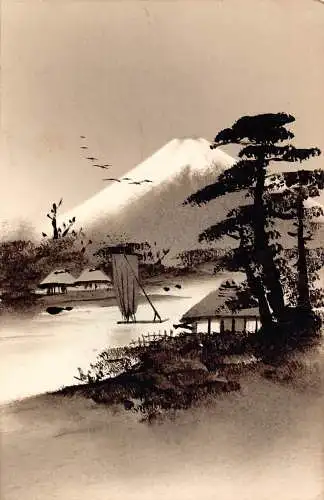 L268 Japan Silhouette Kunst handbemalt Fluss Haus Berg Fuji Vögel Postkarte