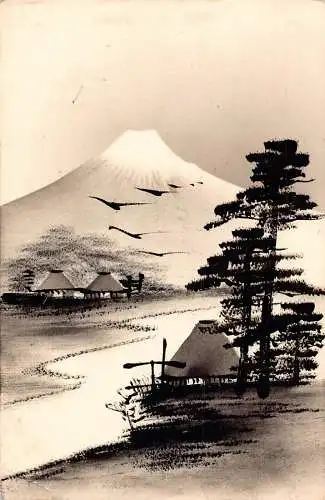 L268 Japan Silhouette Kunst handbemalt Bäume Fluss Haus Berg Fuji Postkarte