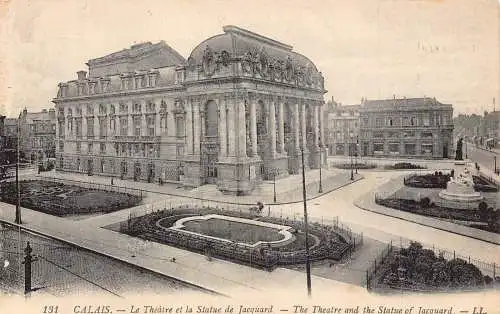 A816 Frankreich 1928 Calais Theater und Statue von Jacquard Vintage Postkarte
