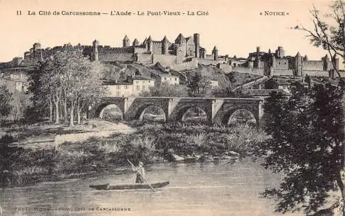 A817 Frankreich Cite de Carcassonne L'Aude Pont Vieux Brücke Cite Boot Postkarte