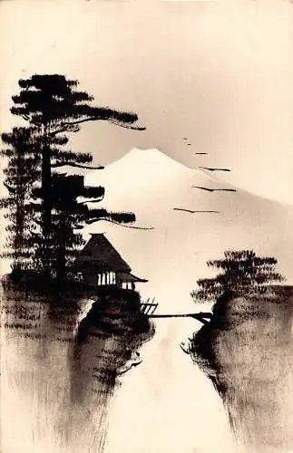 L268 Japan Kunst Silhouette Haus Bäume Brücke, Berg Fuji handbemalte Postkarte