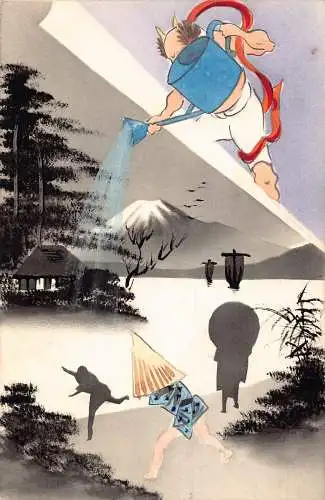 L267 Japanische Mythologie Kunst Gott des Wasserregens handbemalte Postkarte