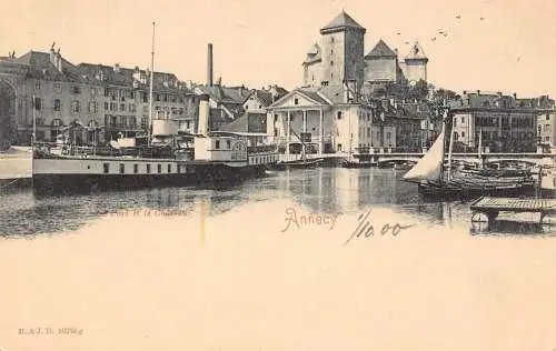 L096 Frankreich Hafen und Schloss von Annecy, Dampfschiff Vintage Postkarte