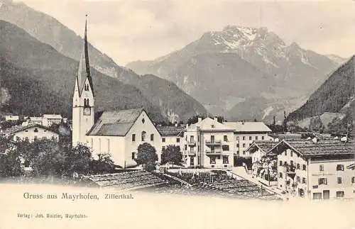 L097 Österreich Gruss aud Mayrhofen Zillerthal Kirche Vintage Postkarte
