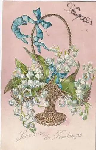 L396 Ostergrüße Maiglöckchen Korb Frühling Andenken Glitzer Postkarte