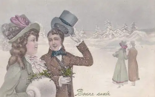 L396 Neujahrsgrüße 1913 Paar Mistel Schnee Postkarte
