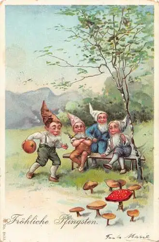 L395 Pfingstgrüße 1910 Zwerge spielen Pilze Litho Postkarte