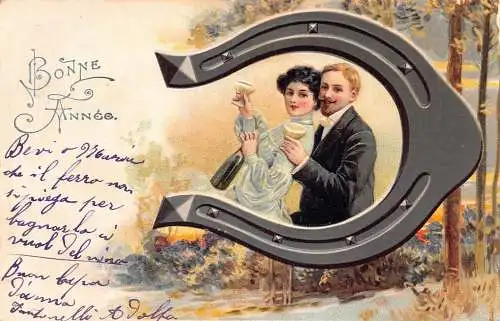 L396 Neujahrsgrüße 1905 Paar Sekt Hufeisen Glück Prägepostkarte