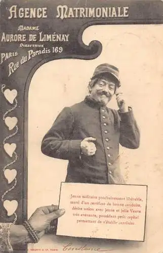 L395 Agence matrimoniale Paris 1905 Militär Mann Comic Humor Postkarte