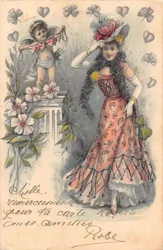 L395 Junge Dame Amor Blumen Jugendstil 1903 Vintage Postkarte