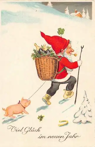 L395 Neujahrsgrüße 1932 Zwergpfeife Schwein Kleeblatt Glück Sekt Postkarte