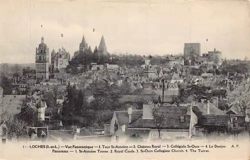 A821 Frankreich Loches Panorama St. Antoine Turm Königsschloss Kirche Postkarte