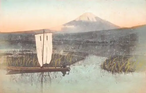 L277 Japan Segelboot Berg Fuji vom See Hakone Vintage Postkarte