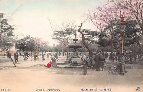L275 Japan Park of Yokohama Kinderwagen Brunnen Blüte Baum Vintage Postkarte