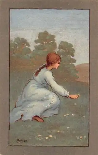L126 Fantasy Girl Gänseblümchen Blumen S. Barham signierte Postkarte