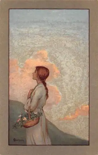 L126Fantasy Girl Korb Blumen S. Barham signierte Postkarte