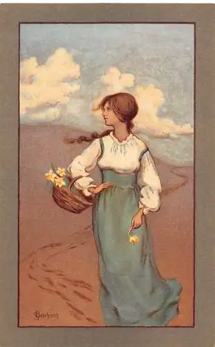 L126 Fantasy Girl Narzissen Blumenkorb S. Barham signierte Postkarte
