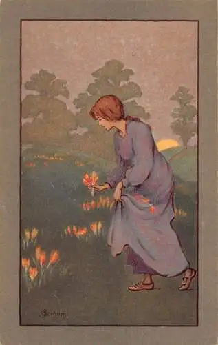L126 Fantasy Girl pflückt Blumen S. Barham signierte Postkarte