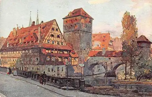 A021 Deutschland Nürnberg Henkersteg Gemälde signiert Schmidt Franz Postkarte