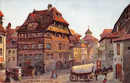 A021 Deutschland Nürnberg Dürerhaus Pferdewagen Gemälde signiert Sullmann Postkarte