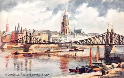 A021 Deutschland Frankfurt a M Eisener Steg Brücke Gemälde signiert Oilette Postkarte