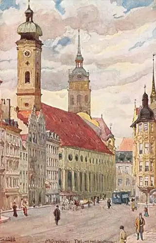 A019 Deutschland München Straßenansicht Straßenbahn Gemälde signiert Richard Wagner Postkarte