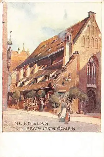 A019 Deutschland Nürnberg Bratwurstgloecklein Gemälde signiert Vintage Postkarte