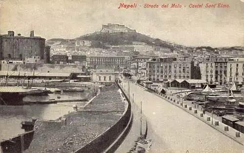 A018 Italien Neapel Napoli del Molo Straße Schloss Sant'Elmo Vintage Postkarte