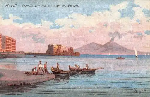 A018 Italien Neapel Napoli Dell'Ovo Schloss Berg Vesuv Gemälde signiert Postkarte