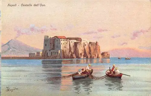 A018 Italien Neapel Napoli Castello dell'Ovo Fischerboote Gemälde signierte Postkarte