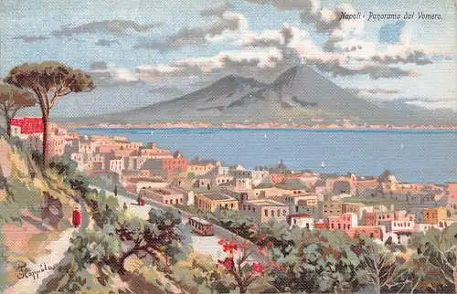 A018 Italien Neapel Napoli Panorama dal Vomero Gemälde signiert Vintage Postkarte