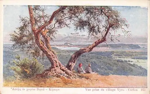 A025 Griechenland Blick auf Vyro Dorf Corfou Paar unter Baum Gemälde Postkarte