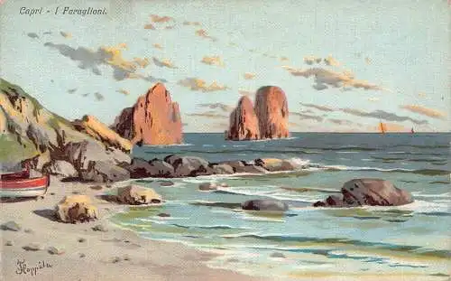 A016 Italien Capri I Paraglioni Meer Felsen Strand Gemälde signiert Floppola Postkarte