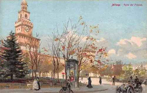 A016 Italien Milano Milan Torre del Pilarete Auto Fahrrad Oldtimer Postkarte