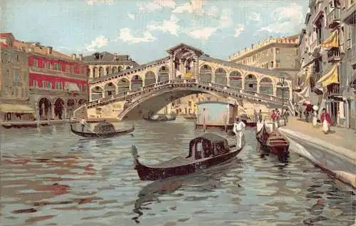 A016 Italien Venezia Venedig Ponte di Rialtobrücke Gondel Gemälde Postkarte